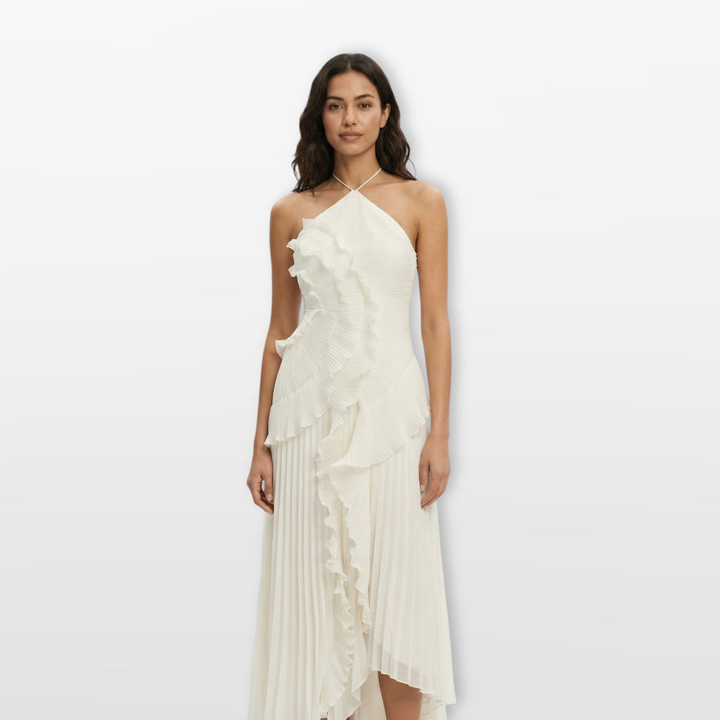 Women’s Pleated Ruffle Evening Dress Halter Maxi