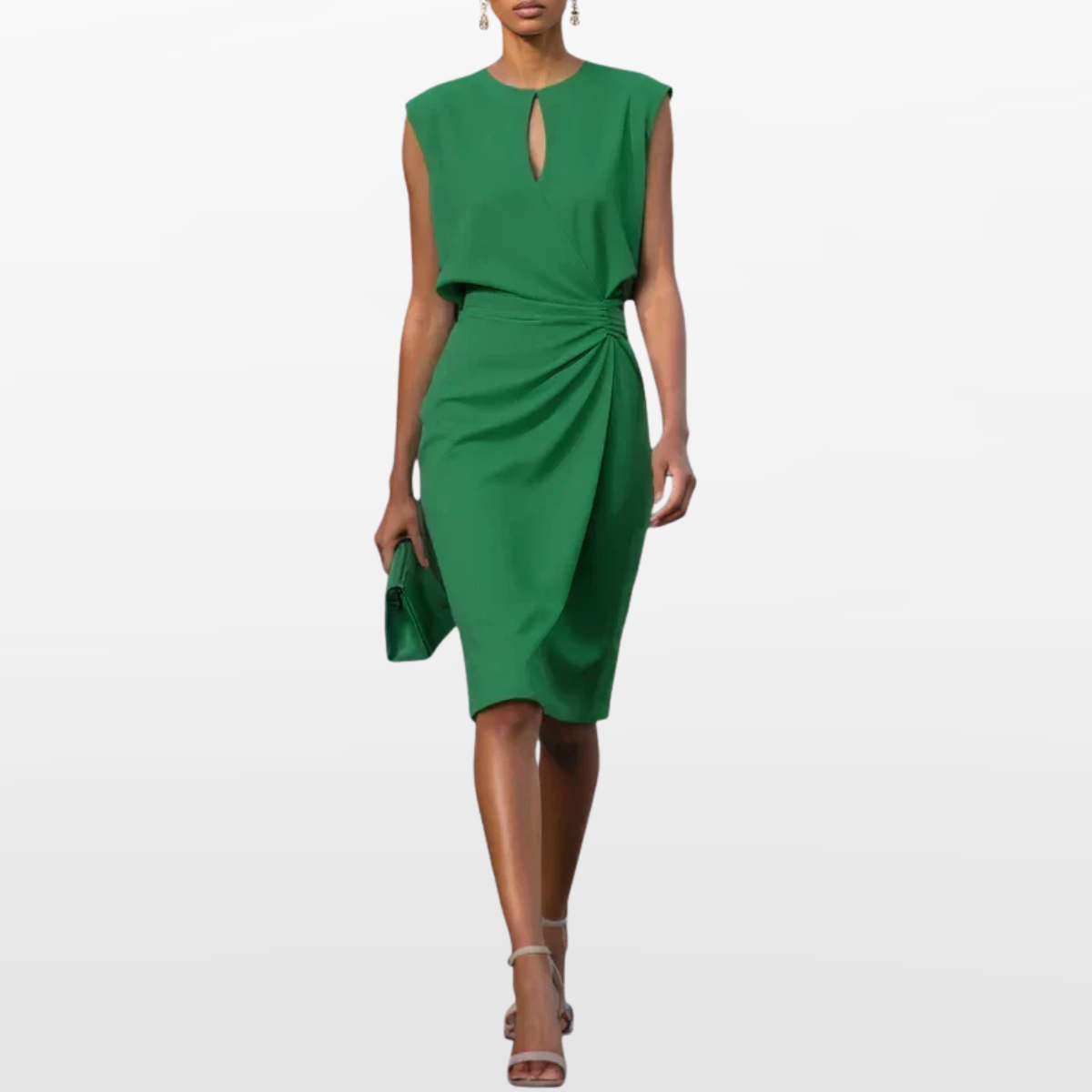 Women Elegant Midi Dress Pleated Waist