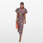 Women Ruched Puff Sleeve Midi Dress