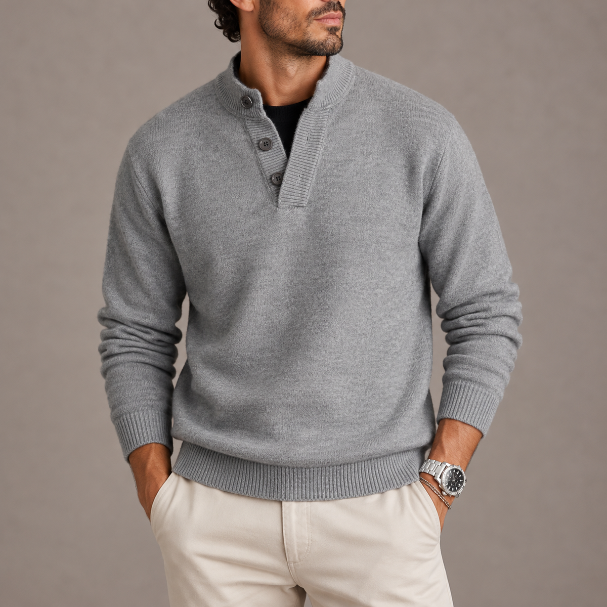 Men's Mock Neck Button Pullover Sweater
