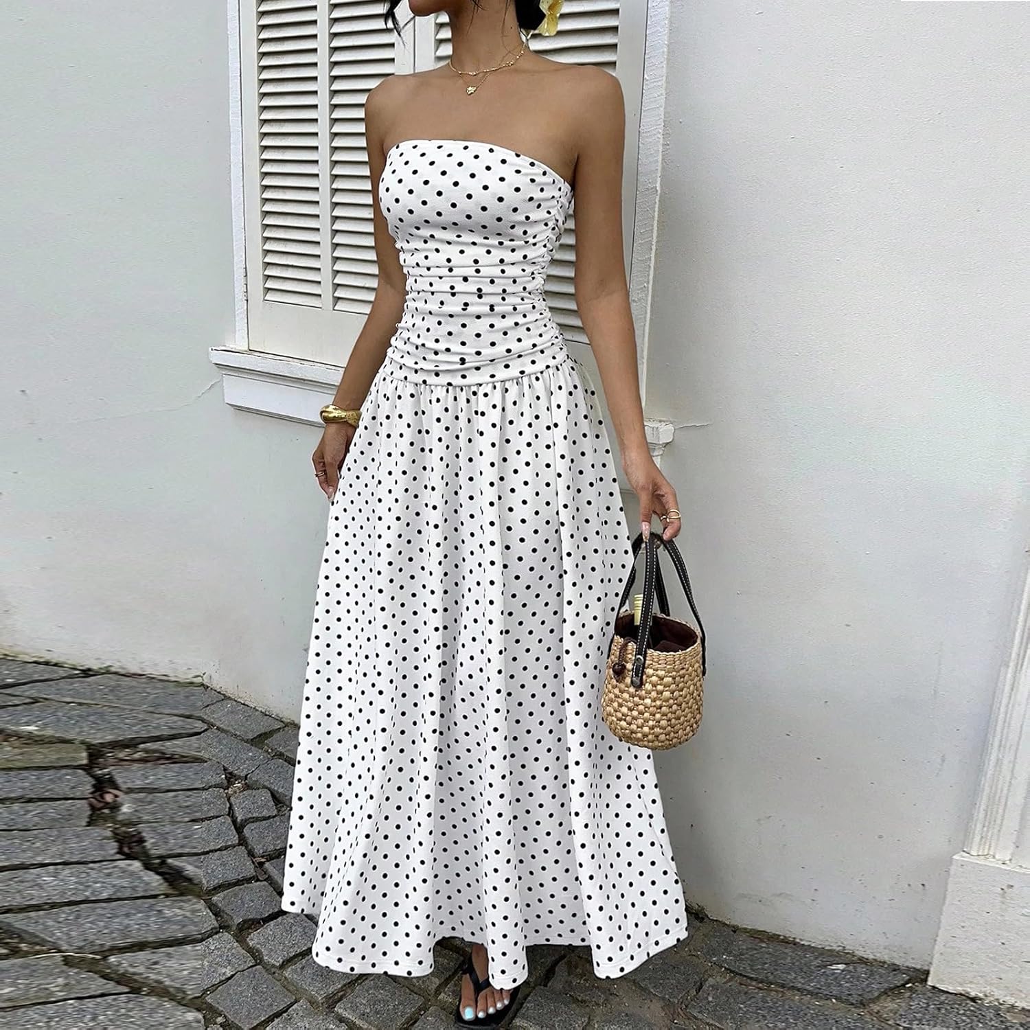 Women's Strapless Polka Dot Maxi Dress