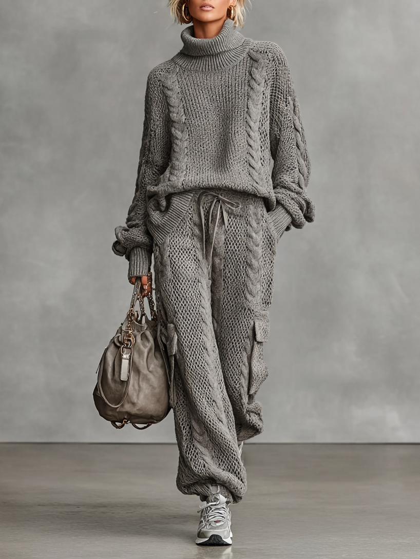 Women's Cable Knit Turtleneck Sweater and Pants Set