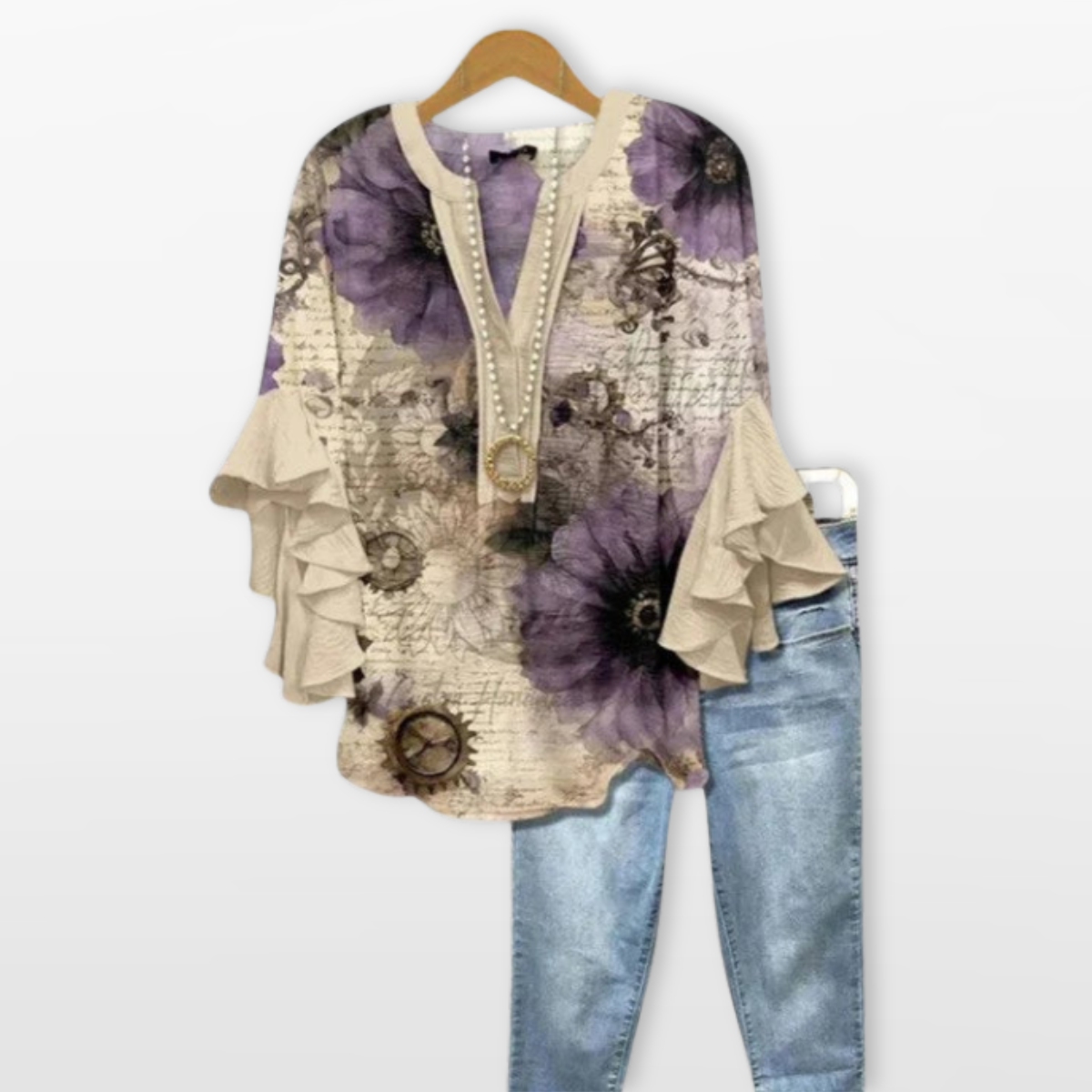 Women V Neck Blouse Floral Ruffle Sleeve