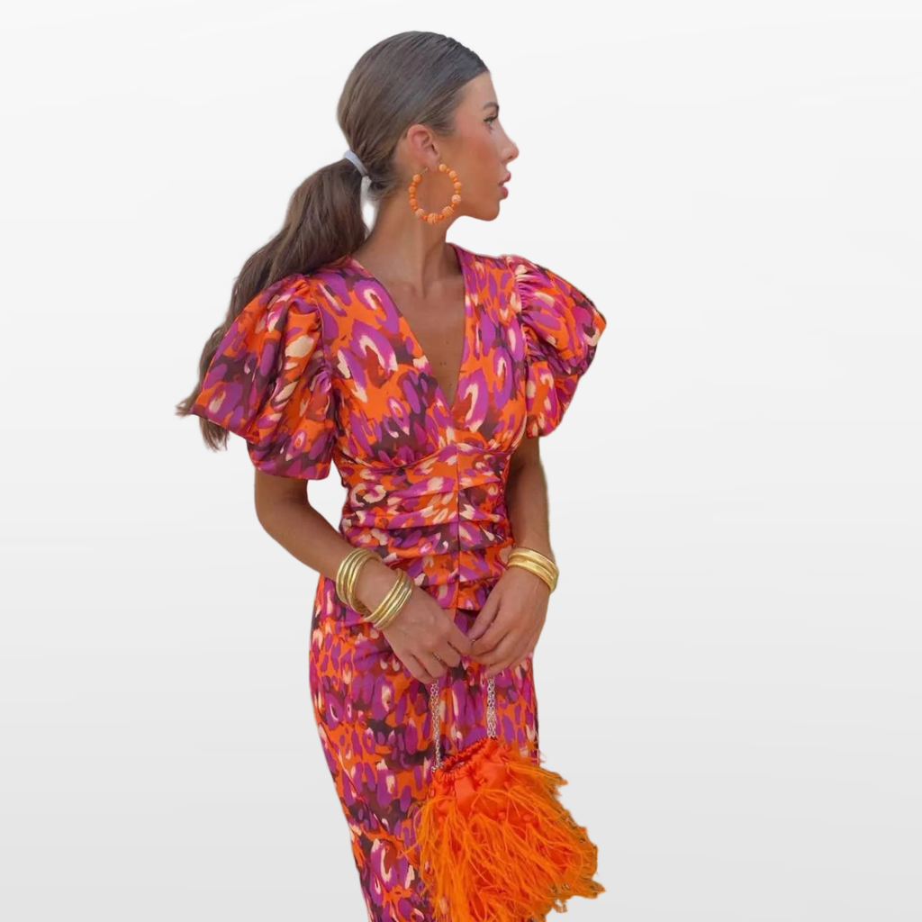 Women Ruched Puff Sleeve Midi Dress