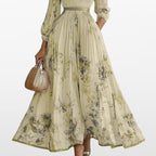 Women Elegant Pleated Maxi Dress V Neck