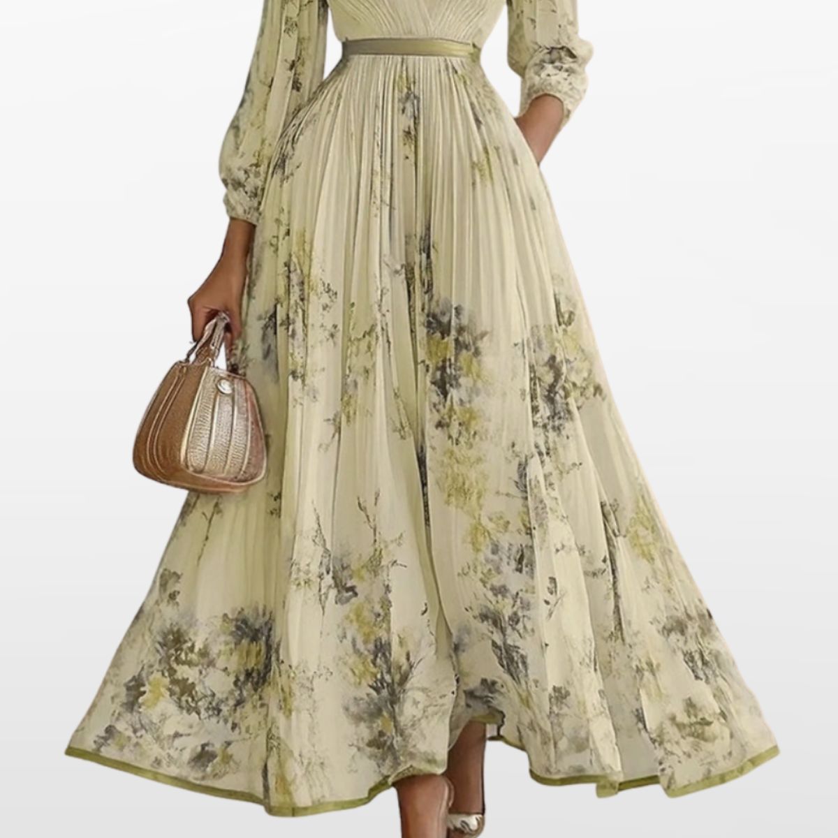 Women Elegant Pleated Maxi Dress V Neck