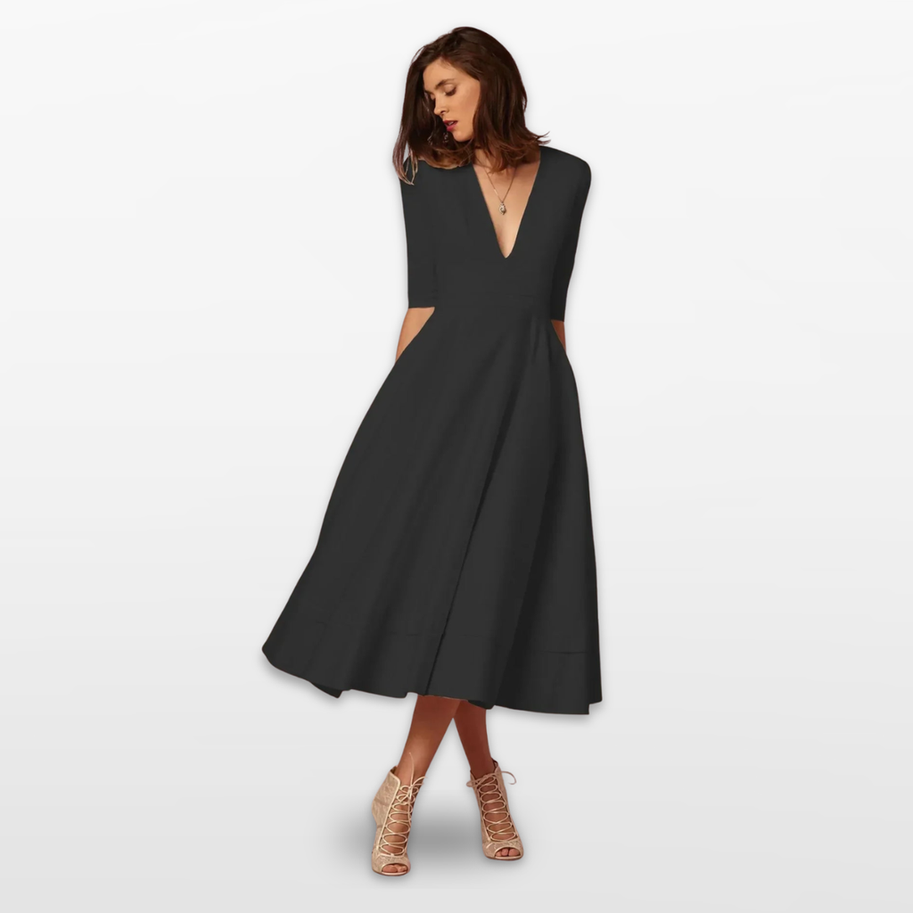 Women V Neck Fit and Flare Midi Dress