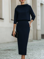 Women's Boat Neck Midi Dress with Three-Quarter Sleeves