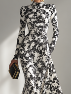Women's Floral Print Ruched Long Sleeve Maxi Dress