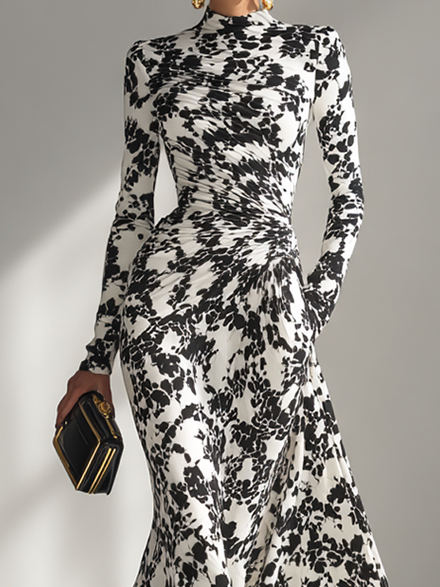 Women's Floral Print Ruched Long Sleeve Maxi Dress
