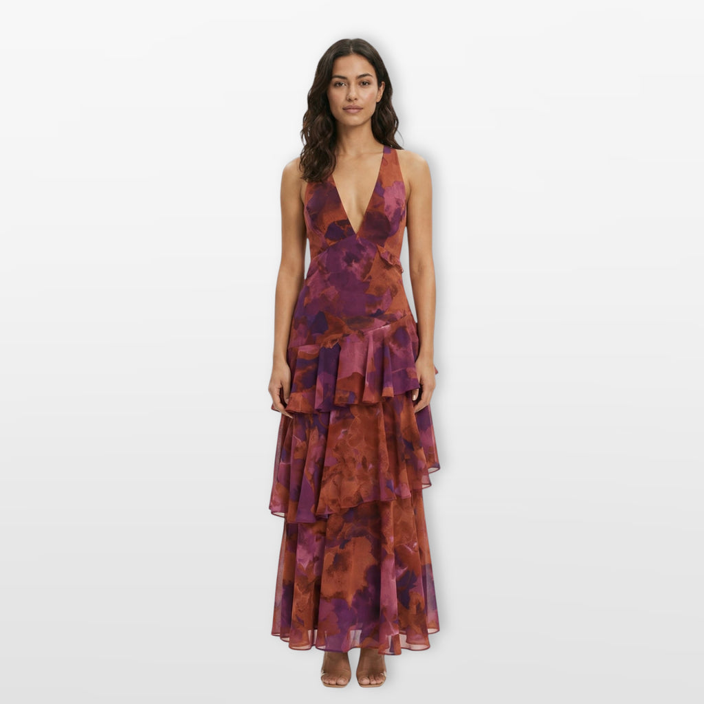 Women’s Floral Maxi Dress Backless Tiered Flowing