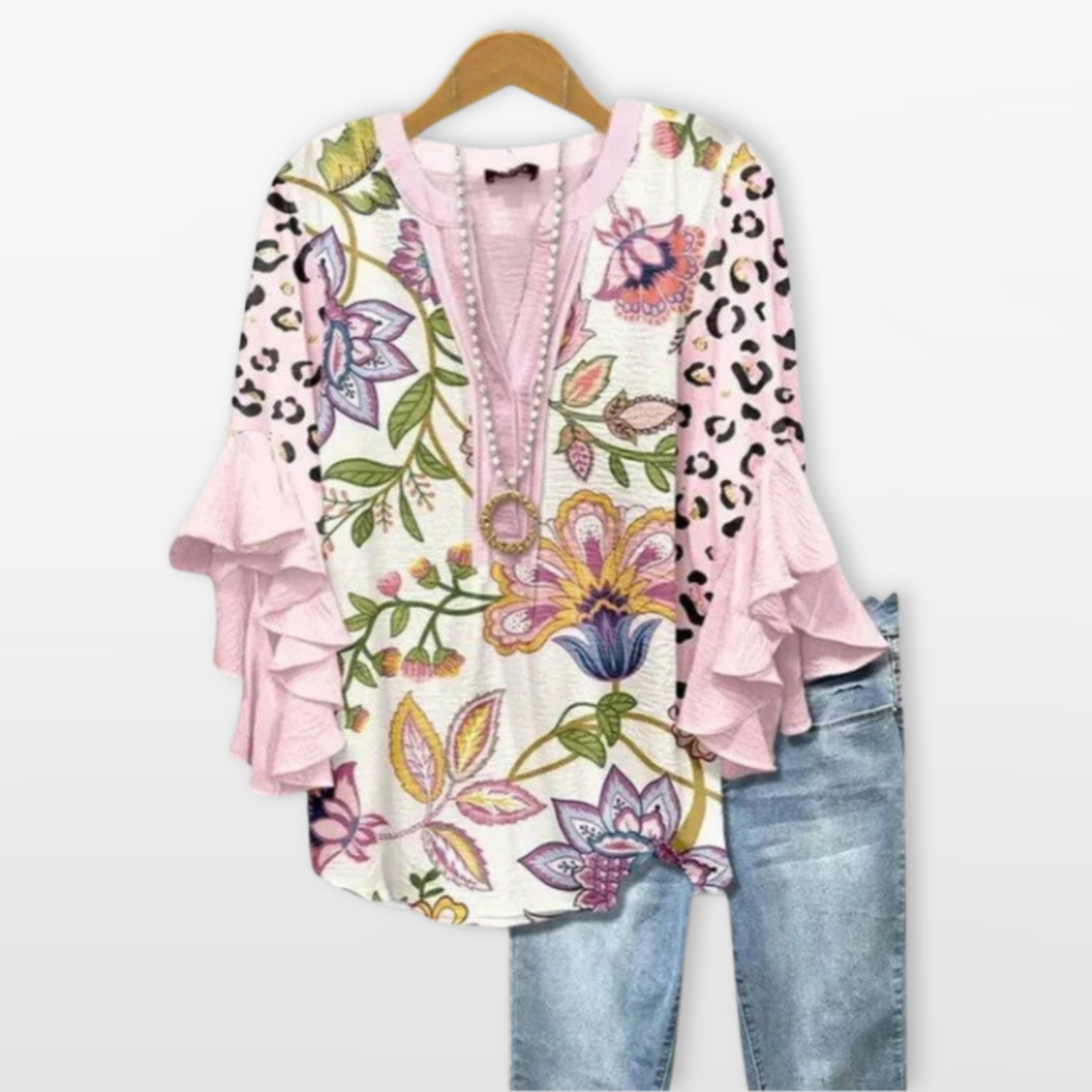 Women V Neck Blouse Floral Ruffle Sleeve