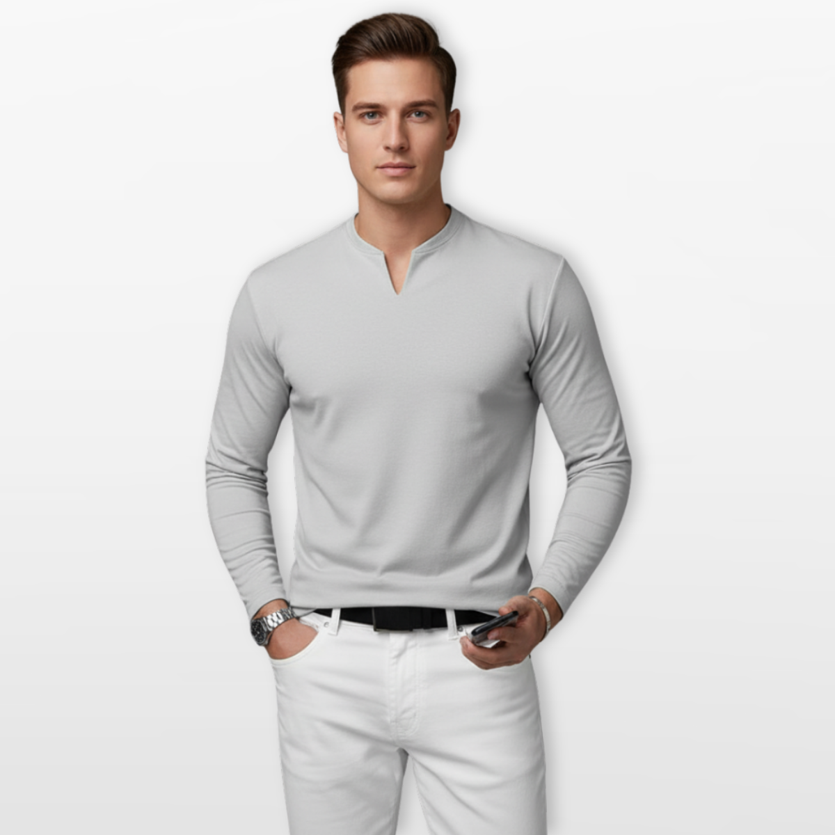 Men Long Sleeve V Neck Shirt Slim