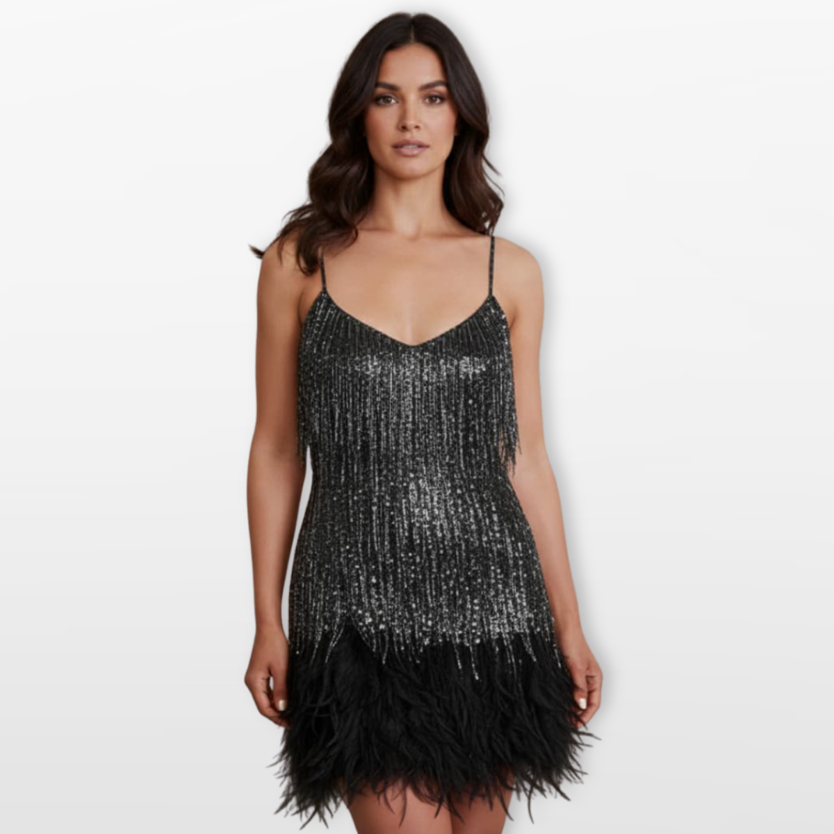 Women Feather Hem Mini Dress Elegant