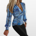 Women’s Long Sleeve V Neck Top Ruched Waist