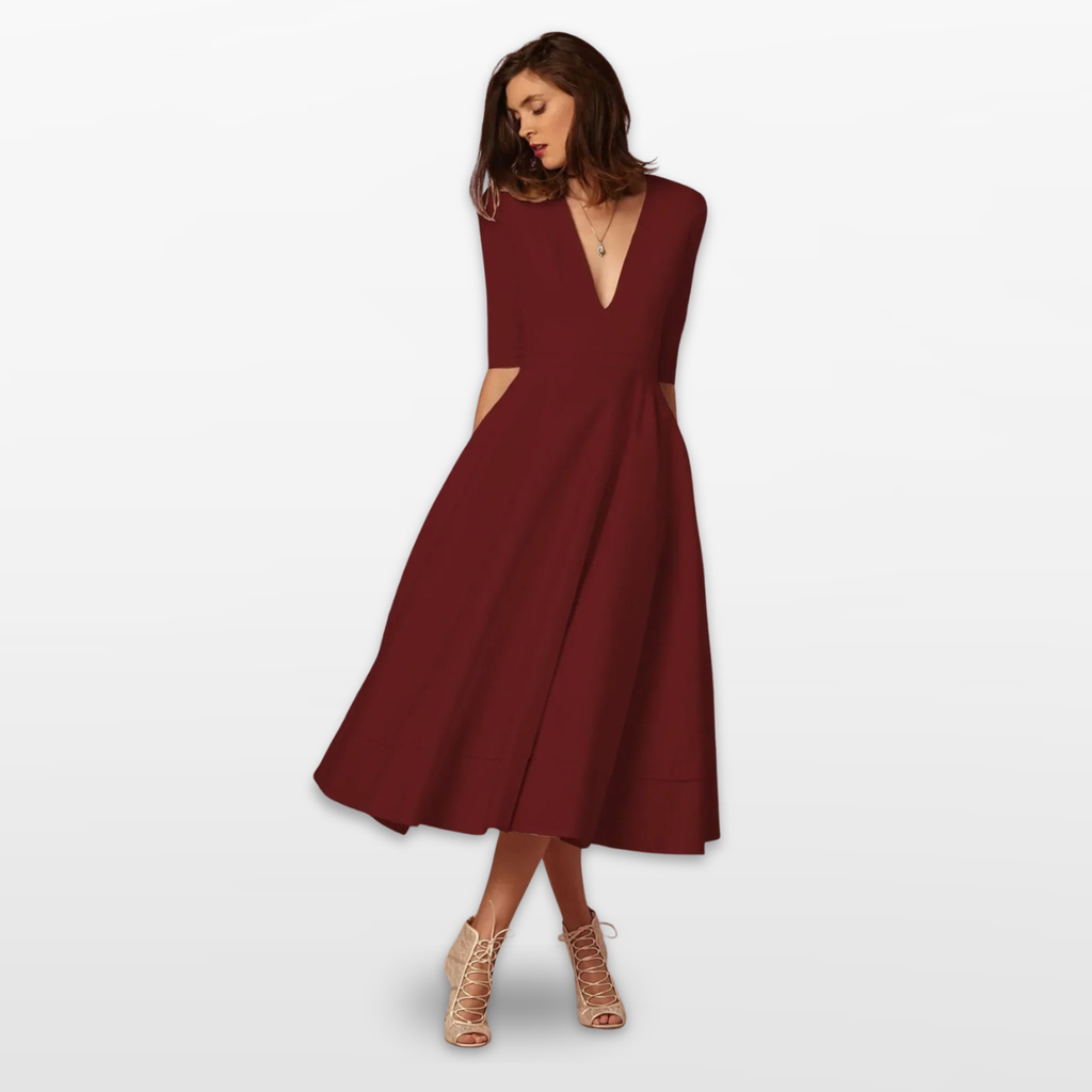 Women V Neck Fit and Flare Midi Dress
