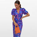 Women Ruched Puff Sleeve Midi Dress