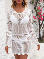 Women’s Crochet Long Sleeve Beach Cover Up Dress