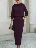 Women's Boat Neck Midi Dress with Three-Quarter Sleeves