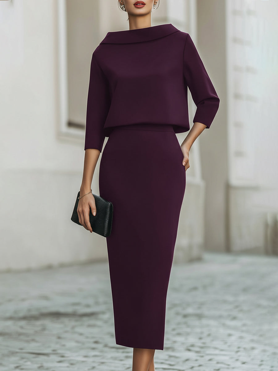 Women's Boat Neck Midi Dress with Three-Quarter Sleeves
