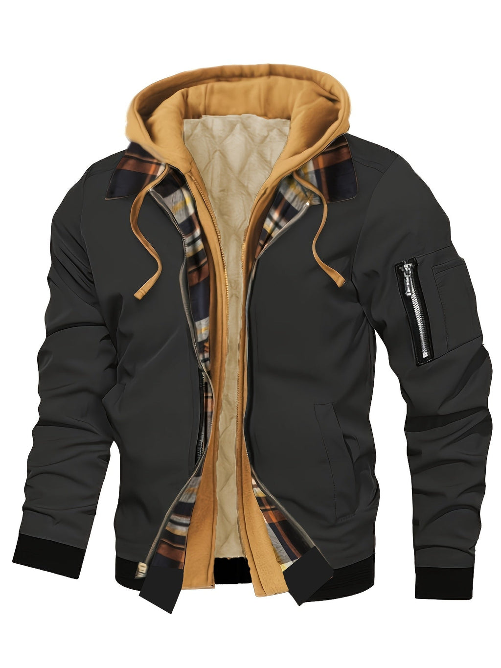 Men’s Hooded Jacket with Plaid Trim