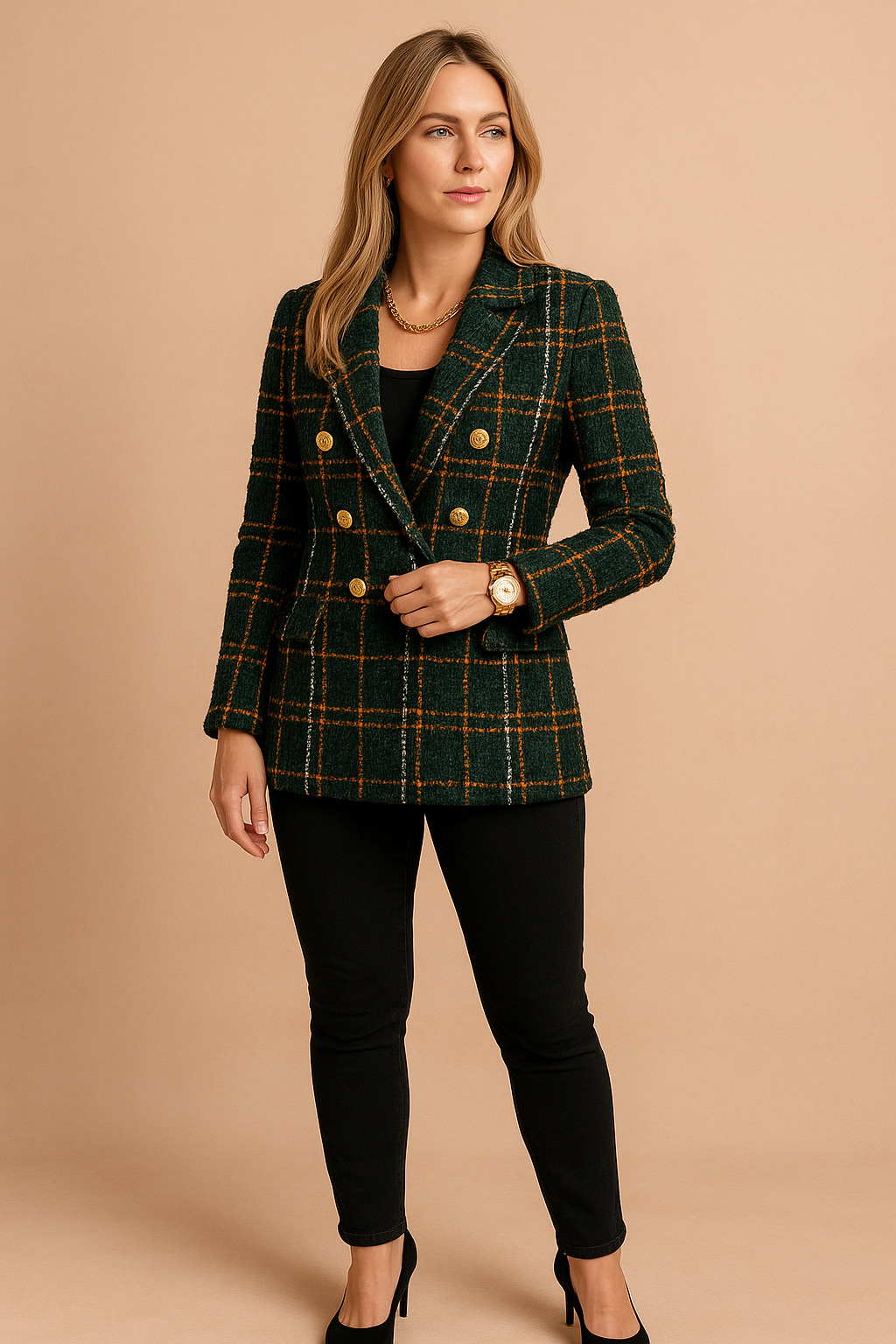 Women’s Double-Breasted Plaid Blazer