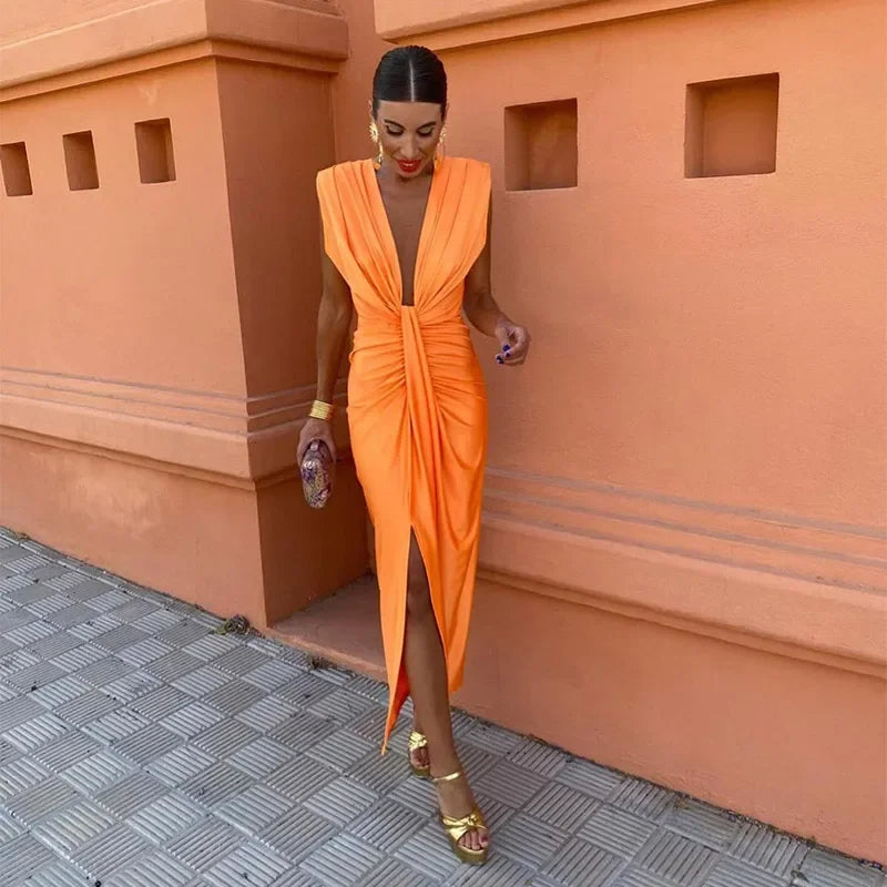 Women's Ruched Deep V Maxi Dress