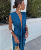 Women's Ruched Deep V Maxi Dress