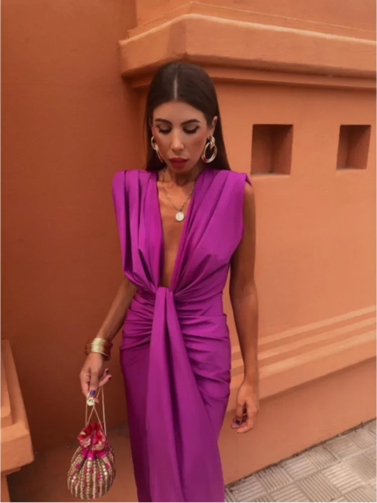 Women's Ruched Deep V Maxi Dress