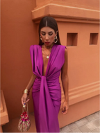 Women's Ruched Deep V Maxi Dress