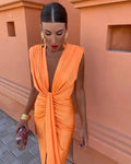 Women's Ruched Deep V Maxi Dress