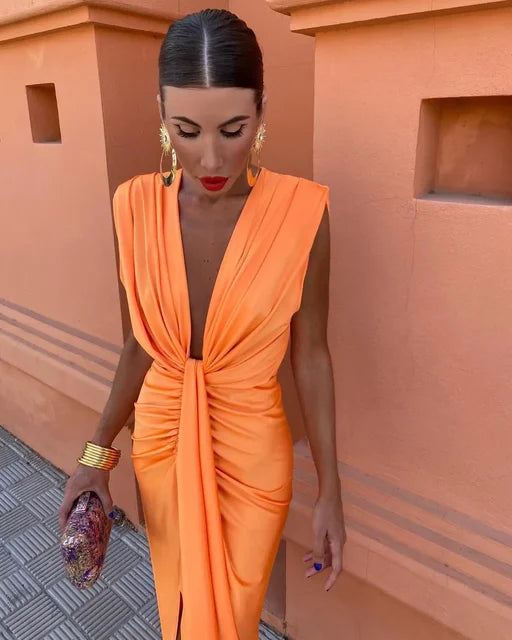 Women's Ruched Deep V Maxi Dress