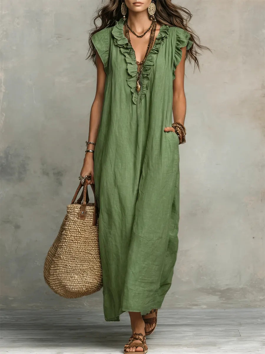 Women’s Relaxed Ruffle V-Neck Maxi Dress
