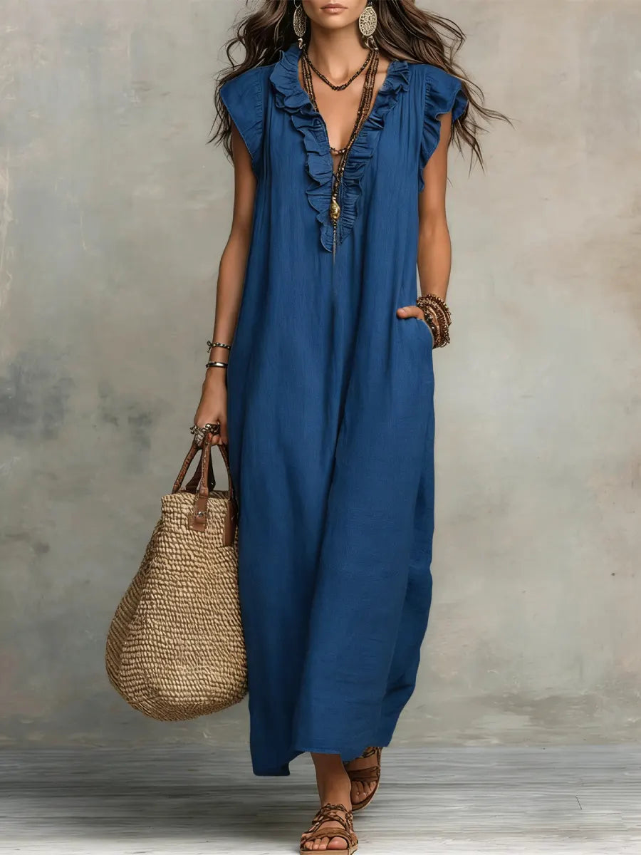 Women’s Relaxed Ruffle V-Neck Maxi Dress