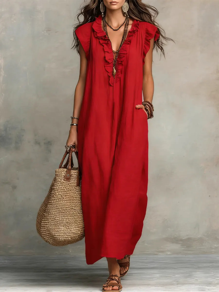 Women’s Relaxed Ruffle V-Neck Maxi Dress
