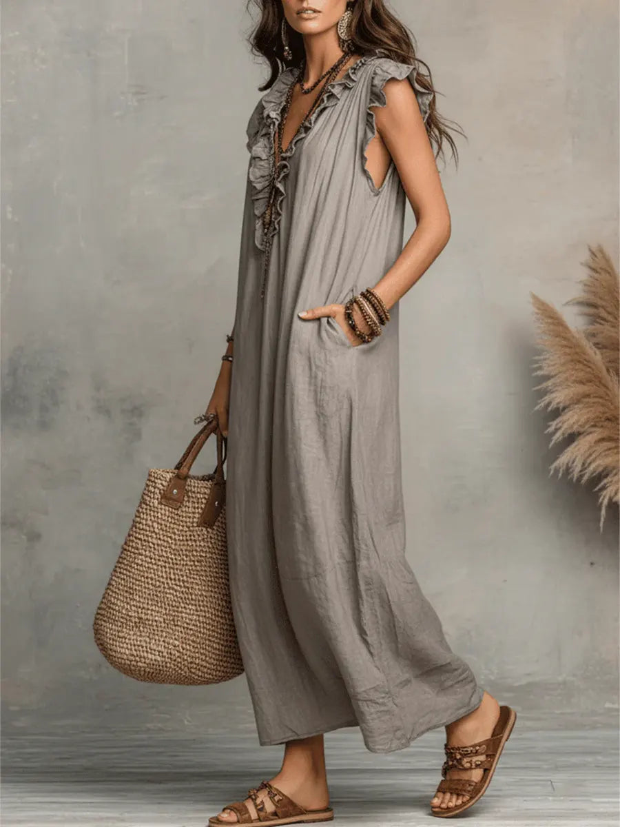 Women’s Relaxed Ruffle V-Neck Maxi Dress
