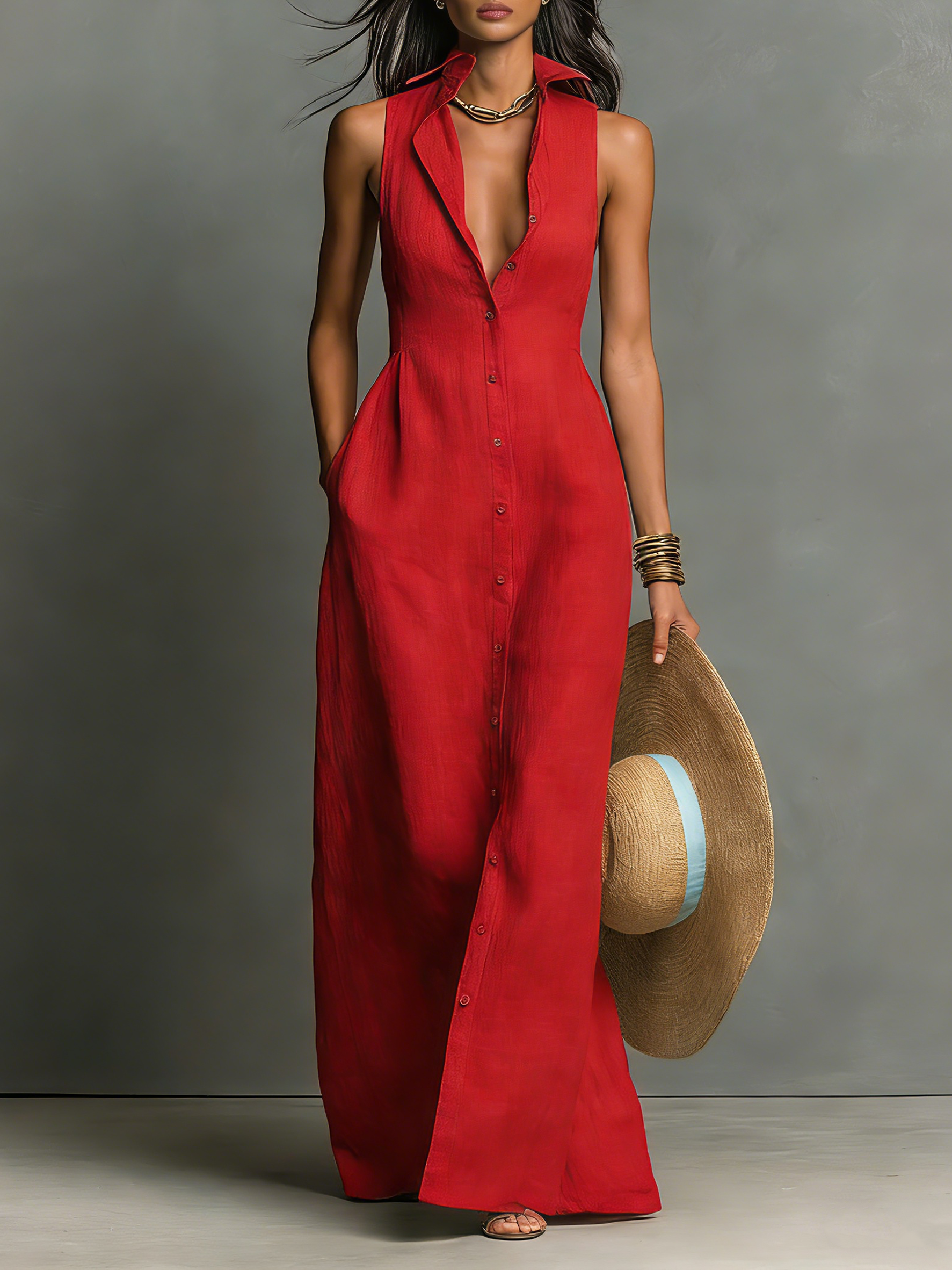 Women’s Sleeveless Button-Front Maxi Dress