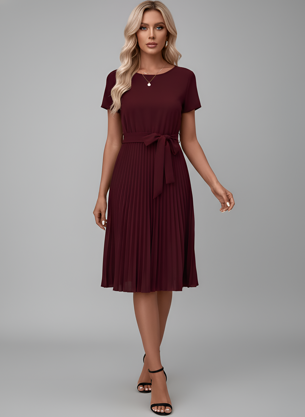 Women’s Tie-Waist Pleated Midi Dress