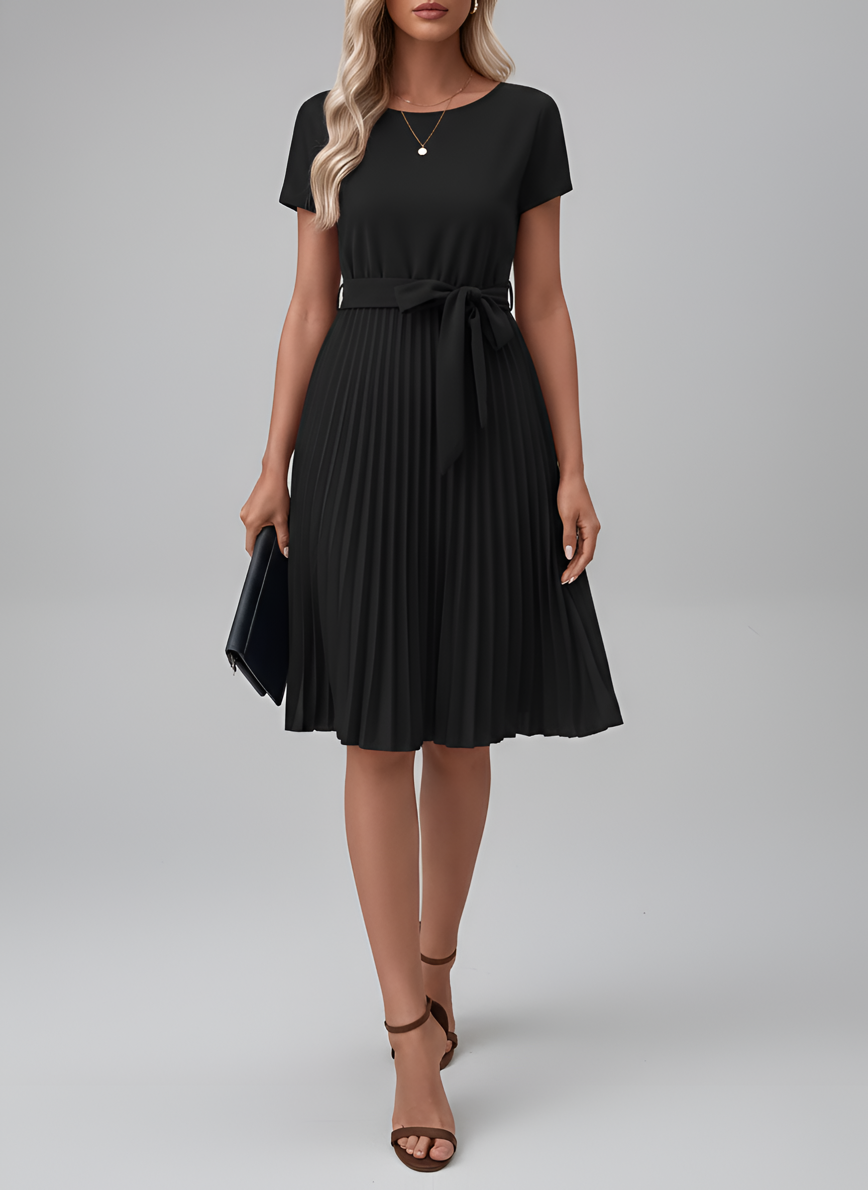 Women’s Tie-Waist Pleated Midi Dress