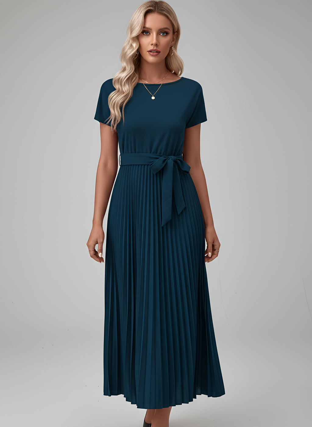Women’s Tie-Waist Pleated Midi Dress