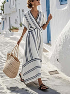 Women’s Striped Tie-Waist Wrap Maxi Dress