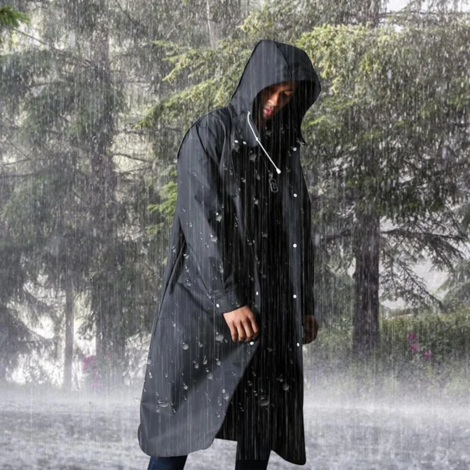 Men’s Long Hooded Coat with Snap Front