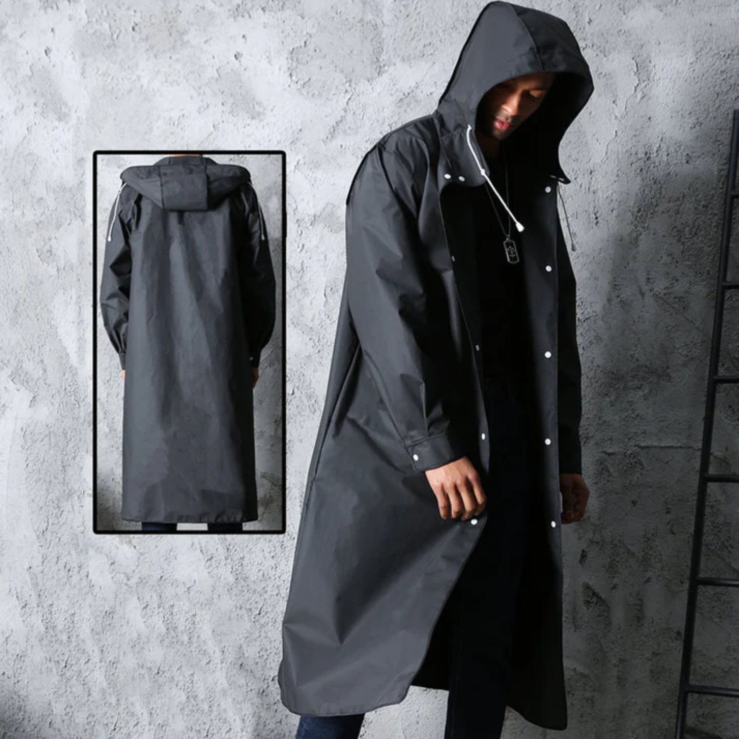 Men’s Long Hooded Coat with Snap Front