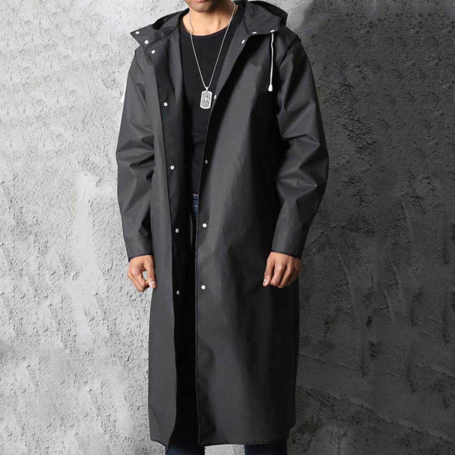 Men’s Long Hooded Coat with Snap Front