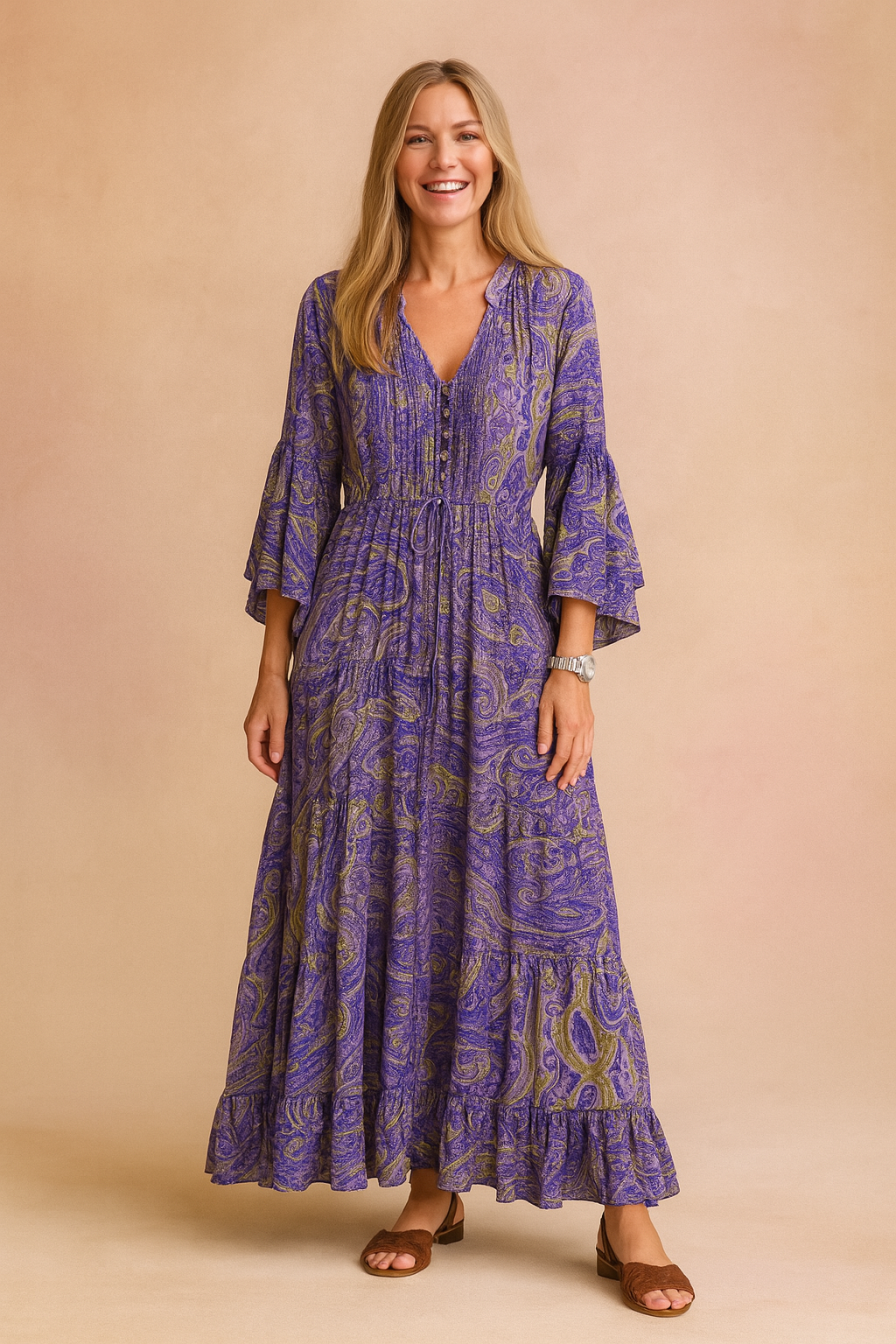 Women’s Paisley Bell-Sleeve Maxi Dress