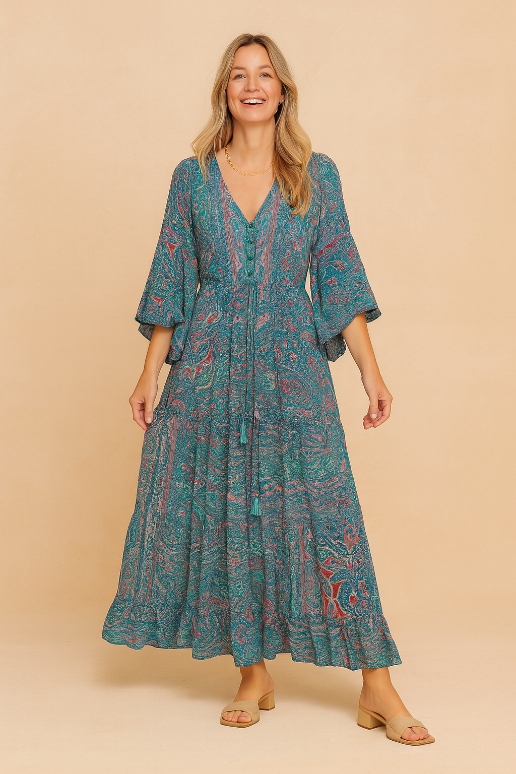 Women’s Paisley Bell-Sleeve Maxi Dress