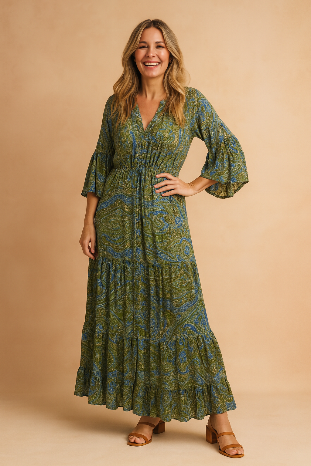 Women’s Paisley Bell-Sleeve Maxi Dress