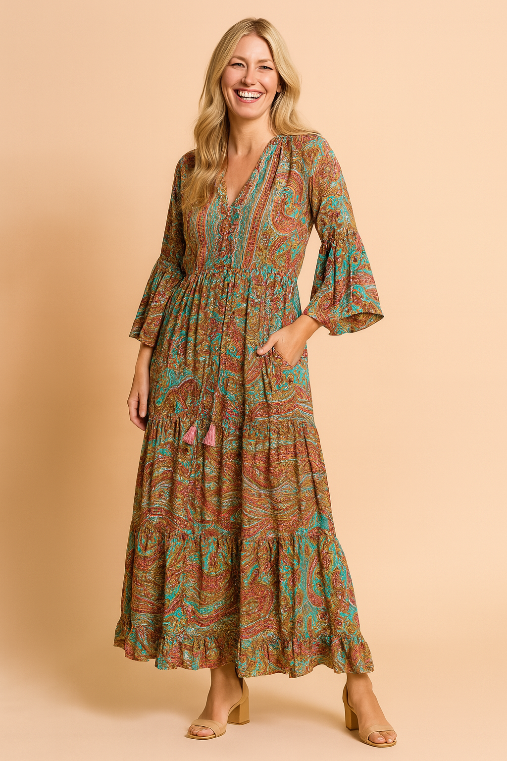 Women’s Paisley Bell-Sleeve Maxi Dress