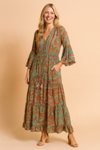Women’s Paisley Bell-Sleeve Maxi Dress