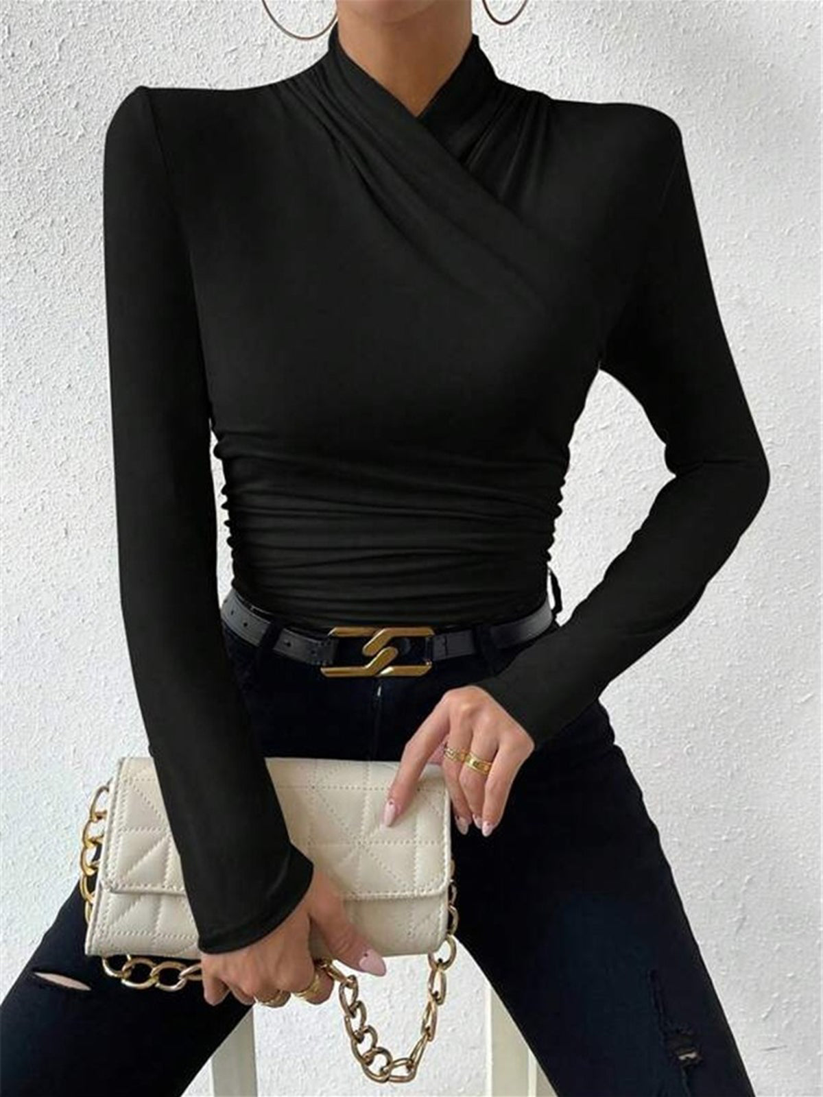 Women's Long Sleeve Mock Neck Wrap Top